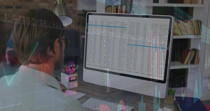 Vertical video: Analyzing man in collared shirt scanning monitor at desk for review, charts moving