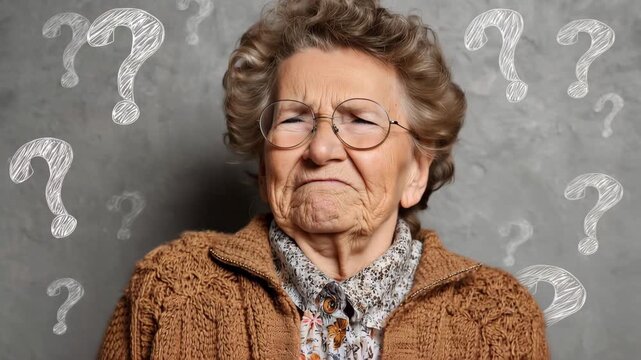 Elderly woman looks up with confusion surrounded by thought bubbles and question marks in a cozy indoor setting reflecting on a puzzling topic