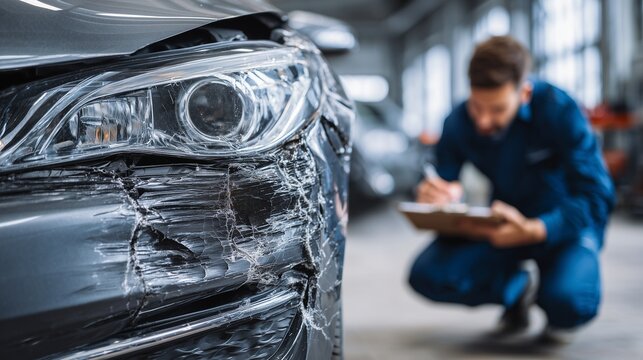 Front side of damaged car with scraped bumper and headlight, assessor inspecting and noting damage for insurance claim and car damage repayment.