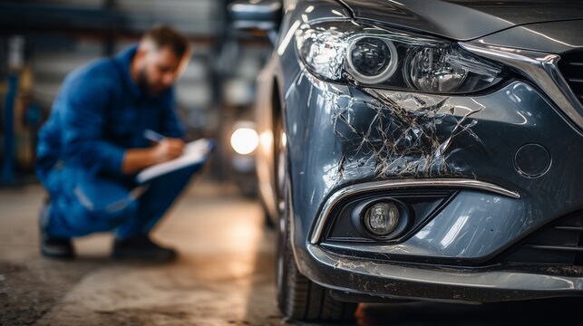 Front-end car with headlight and bumper damage at repair shop, mechanic inspecting for insurance claim and car damage repayment.