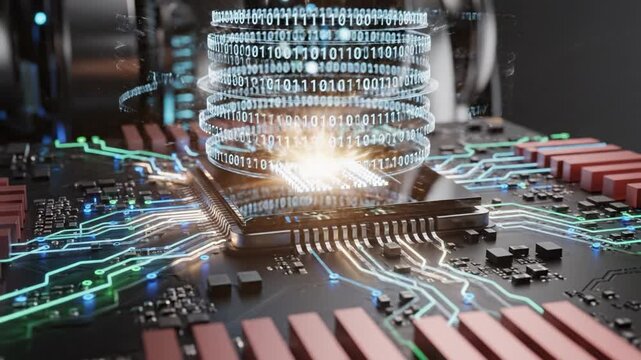 Futuristic microchip binary code glowing circuit digital data technology artificial intelligence computer hardware innovation electronic component high tech processor motherboard engineering science