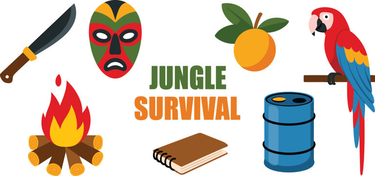 Colorful flat vector jungle survival icon set featuring a parrot tribal mask campfire machete and adventure gear.