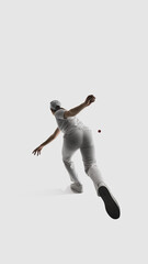 Fototapeta premium Female cricket player back view during bowling motion isolated on white. Concept of sports broadcast graphics, live match visuals, highlight packages, cricket media production content.