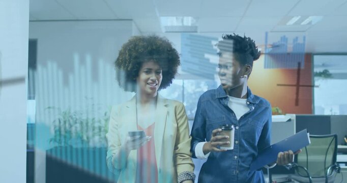 Two coworkers walking office, phone glance initiating business data overlays sliding across frame