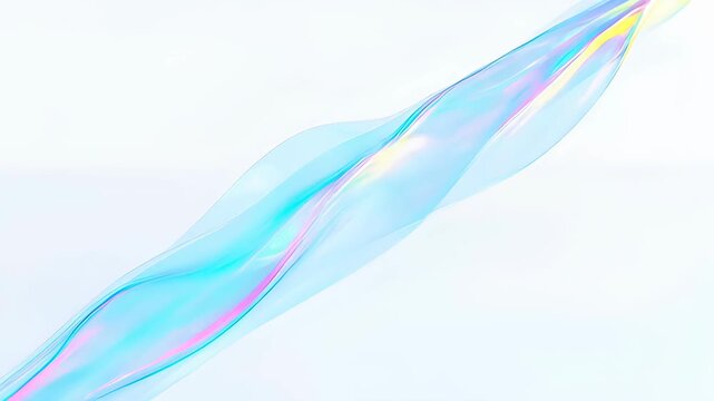 Iridescent translucent ribbon flowing diagonally across soft white background minimal abstract wave with pastel blue pink hues conveying calm airy motion and lightness