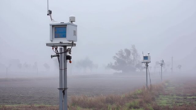 Weather monitoring stations gather data in a foggy field during early morning hours, enhancing agricultural insights and climate research efforts