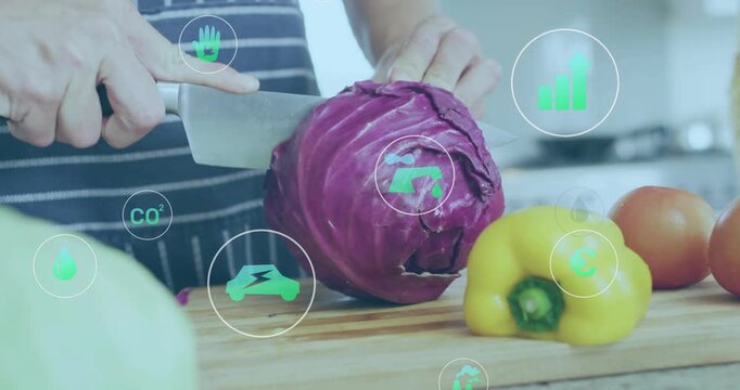 Man in apron gripping cleaver and chopping cabbage revealing layers while icons overlapping produce