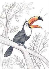Obraz premium A cute toucan with its colorful beak open wide, perched on a tree, drawn as an outline sketch, only black lines, no colors, simple and clean for a children's coloring book.