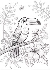 Obraz premium A cute toucan sitting on a branch surrounded by tropical flowers, drawn as an outline sketch, only black lines, no colors, simple and clean for a children's coloring book.