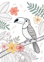 Obraz premium A cute toucan sitting on a branch surrounded by tropical flowers, drawn as an outline sketch, only black lines, no colors, simple and clean for a children's coloring book.