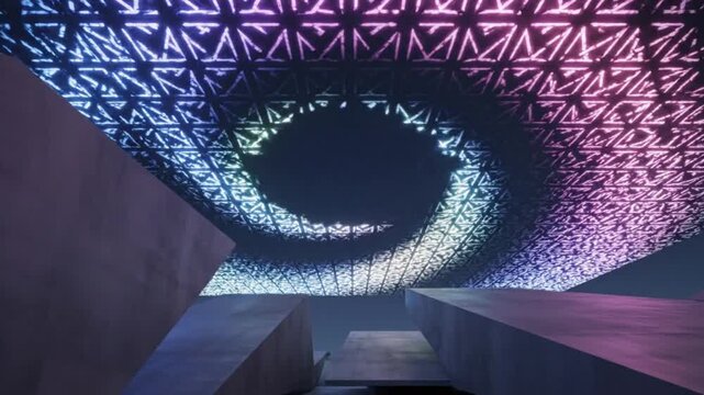 Low-angle shot of a futuristic interior with a colorful, geometric-patterned ceiling and a dark, tunnel-like passageway leading to a bright light, with a mix of purple, blue, and pink hues.