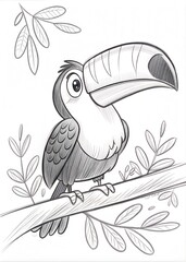 Obraz premium A cute toucan with its large beak, looking curiously at the viewer, drawn as an outline sketch, only black lines, no colors, simple and clean for a children's coloring book.