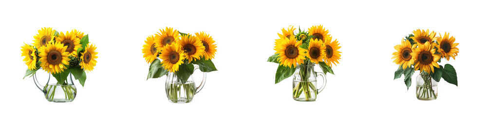 Obraz premium Bright yellow sunflower bouquets in clear glass vases for summer floral isolated on transparent background