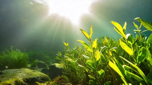 Vibrant underwater plants bathed in sun rays a serene aquatic ecosystem