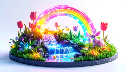 Naklejka premium Magical miniature landscape with glowing rainbow and low-poly rabbit
