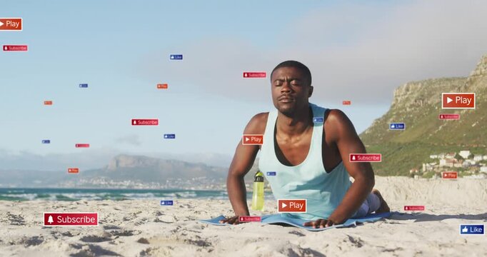 Man on beach rising, lifting torso while UI labels growing, water bottle showing promoting fitness