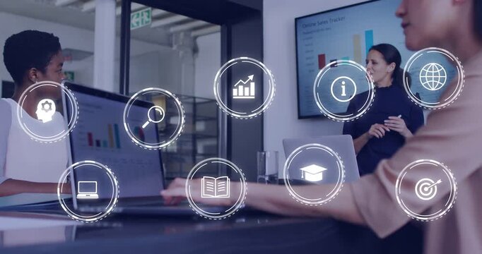 Lead gesturing and user moving trackpad, causing HUD icons forming business data grid over laptop