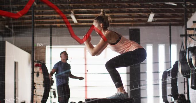 Workout starting woman doing box jumps while man skipping rope graph tracking reps building power