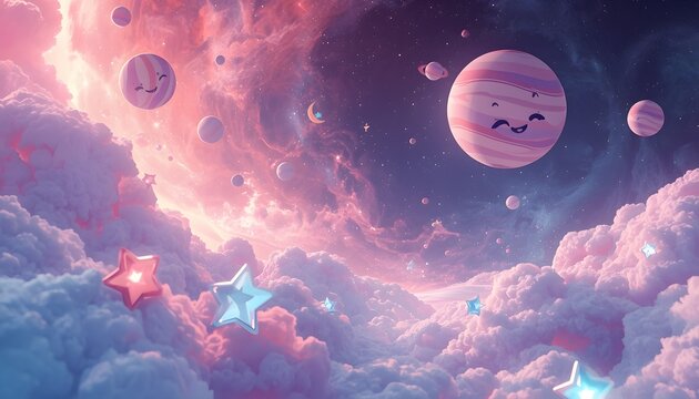 ​Magical dreamcore space nebula background with candy planets for kids