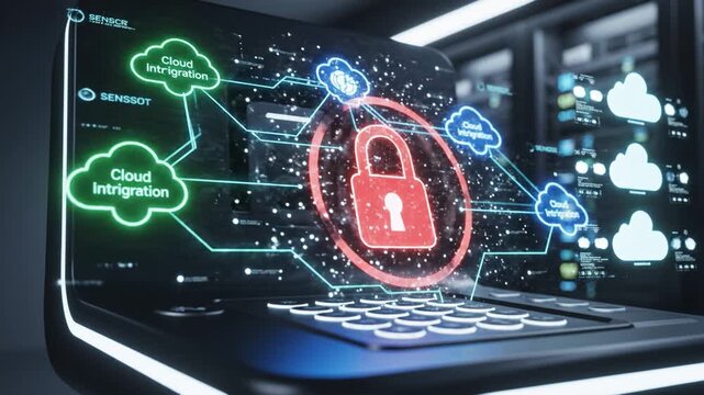 Cloud integration, cybersecurity, data protection, digital network, and futuristic technology interface laptop server room with glowing graphics, secure system, advanced innovation, and modern