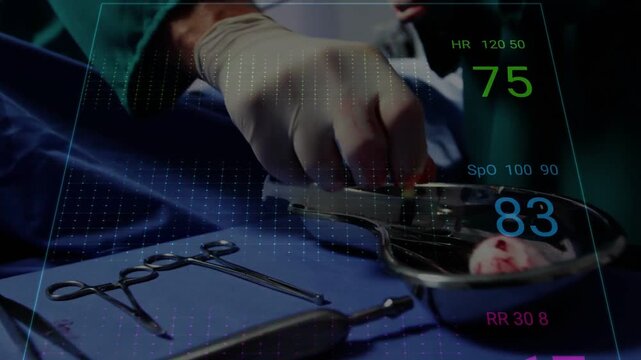 Surgeon reaching forceps placing gauze in dish for OR clean asst sorting tools ECG overlay hovering