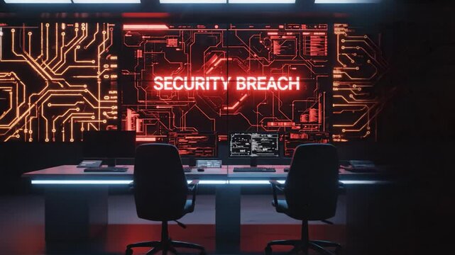 Security breach computer technology red warning alert cyber digital futuristic dark screen interface hacking data system network information risk emergency glow illuminated modern abstract isolate