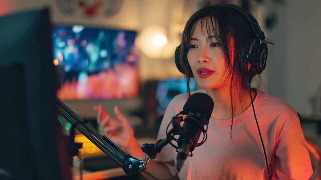 Young Asian woman gamer enjoys live stream session at home, showcasing her skills while engaging with viewers late at night