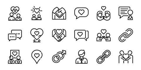 Fototapeta premium Collection of line icons depicting love relationships and communication