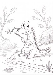 Fototapeta premium Cute Crocodile Outline Sketch for Coloring Book 