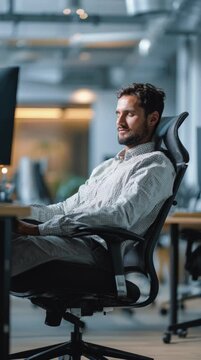 Young man sitting in ergonomic chair while working on computer in office, vertical video 