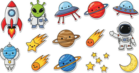 Cute Space Cartoon Sticker Set with Rocket, Alien, Astronaut, Planets, UFO, Stars, and Meteors Kawaii Style Vector Illustration Collection © Priyanka