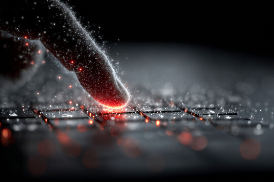 Macro shot of finger pressing mechanical keyboard key with red backlight in dark room