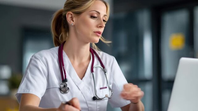 Woman in medical uniform focused on writing at desk in modern clinic during daytime, showcasing dedication to patient care and documentation