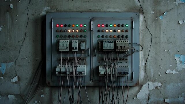 Close up of an old electrical control panel with switches and indicators