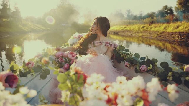 portrait woman goddes of sping sitting in boat full of blooming flowers white pink color floating down river magic fog. Fairy tale fashion model beauty face victorian style girl. vintage medieval gown