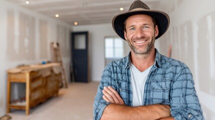 Obraz premium Caucasian male adult in hat smiling confidently in renovated room