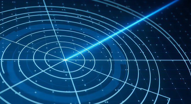 Blue radar screen with glowing lines and digital data points, technology and search