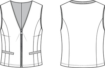 Women V Neck Zip Up Vest Technical Flat Sketch Front and Back View Fashion CAD Mockup for Apparel Design Template © BIPUL