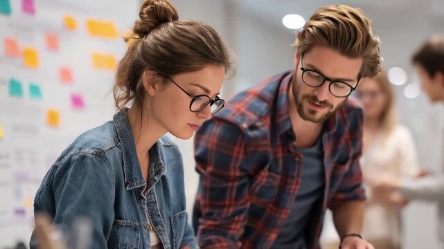 Ux developer and ui designer engage in brainstorming session to create innovative solutions for user experience in a modern office environment