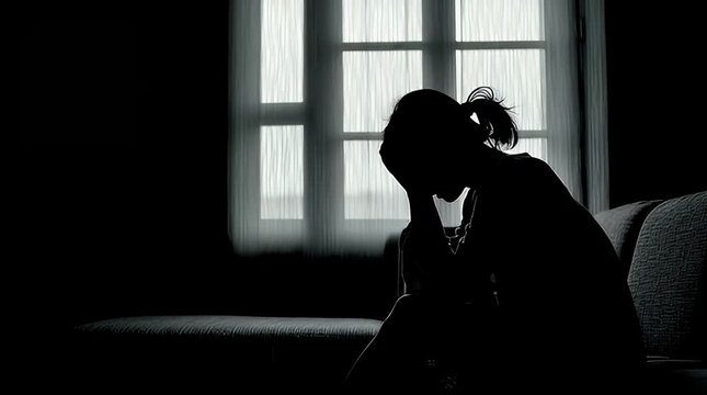 Woman sitting in dark room, head in hands, expressing sadness and loneliness