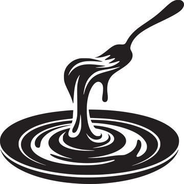 Black and white vector graphic of a fork pouring a thick liquid into a plate with concentric circles
