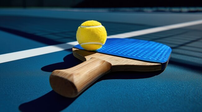 Une raquette de paddle et une balle jaune sur un cours de couleur bleu, gros plan, vue panoramique.