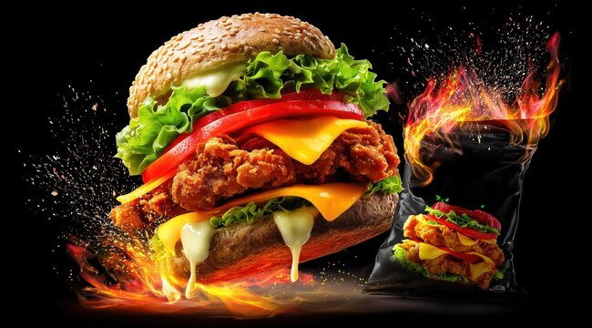 Un hamburger au poulet croustillant garni de fromage cheddar fondu, de laitue et de tomate, flottant dans l'air sur un fond noir, accompagn&eacute; d'un paquet de chips au go&ucirc;t relev&eacute; et &eacute;pic&eacute;.