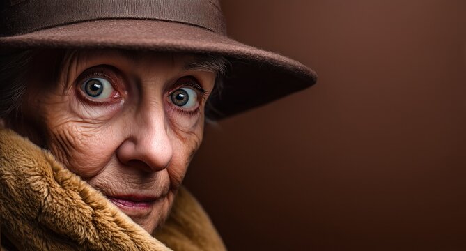 Une femme senior, portrait en gros plan, sur fond brun, portant un chapeau marron et un manteau de fourrure regardant avec des yeux grands ouverts, image avec espace pour texte.
