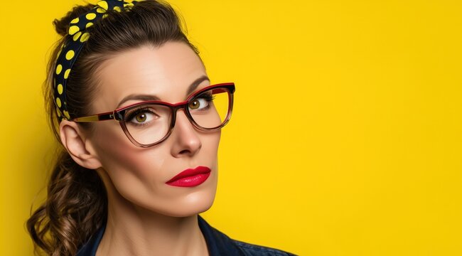 Portrait d'une belle femme portant des lunettes r&eacute;tro et des l&egrave;vres rouges, sur fond jaune, avec un bandeau &agrave; pois, esth&eacute;tique vintage, composition professionnelle, image avec espace pour texte.