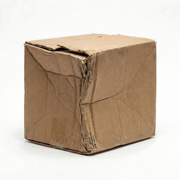 Crumpled cardboard box with severe corner impact damage