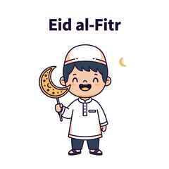 Obraz premium Cute Muslim Boy Holding Crescent Moon Symbol Celebrating Eid alFitr.