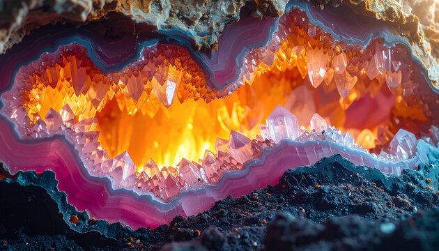 Vibrant Geode Crystal Formation with Fiery Orange and Pink Hues.