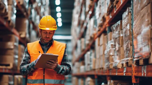 Warehouse employees conduct product checks for inventory accuracy in a busy distribution center during the day