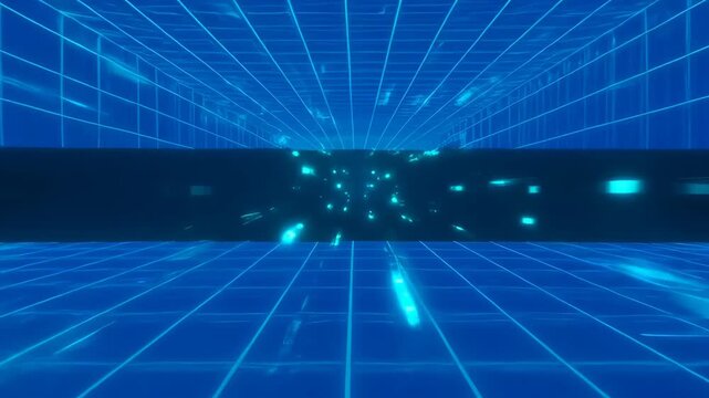 Neon blue digital tunnel with glowing particle streaks and grid floor, futuristic corridor evoking motion and technology neon blue grid tunnel with glowing perspective lines and reflective floor